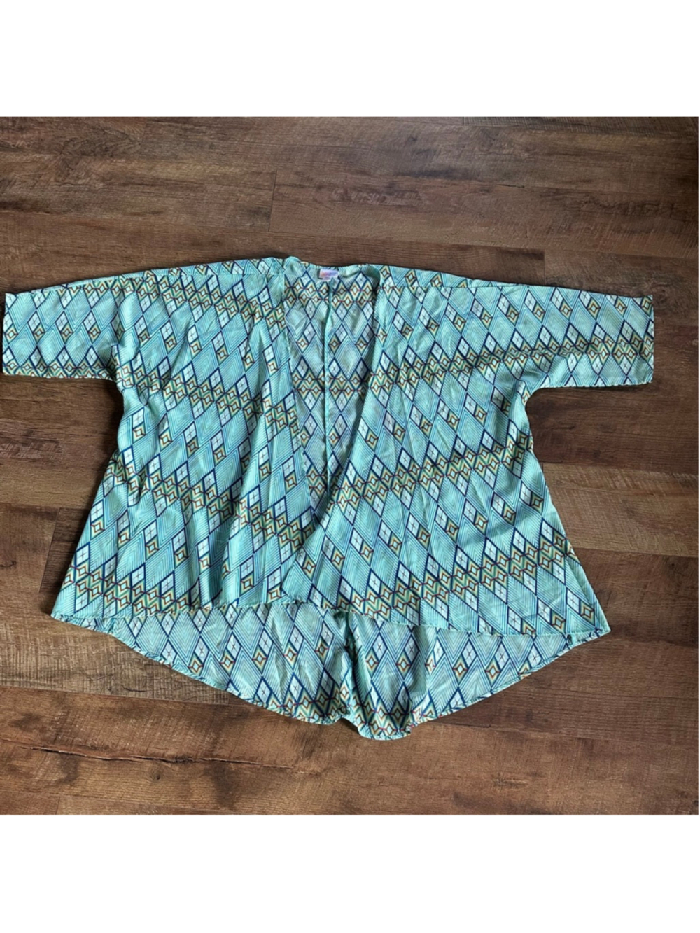 Women's LuLaRoe Kimono Cardigan Green/Blue Geometric Print Size L Summer